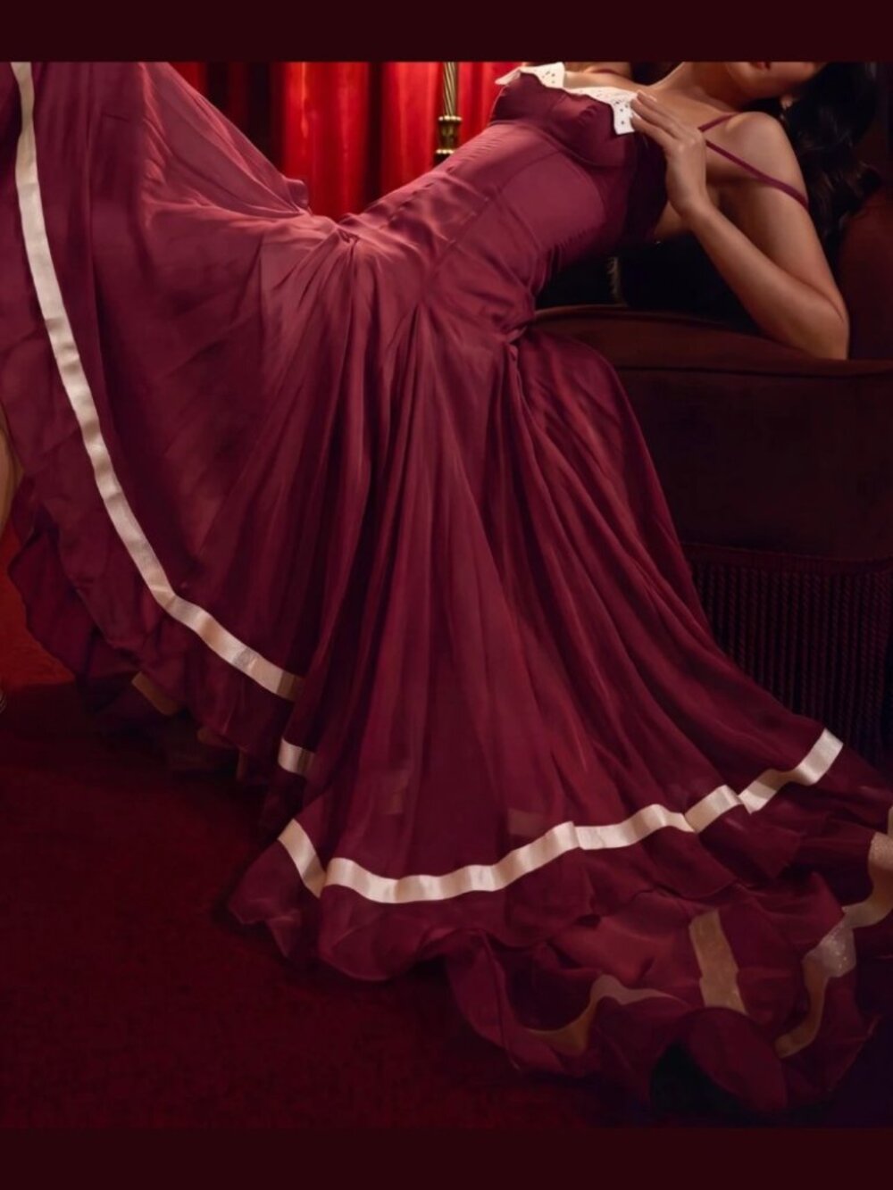 Burgundy Contrast Lace Trim Tiered Ribbon Hem Maxi Dress - Picture 8 of 8